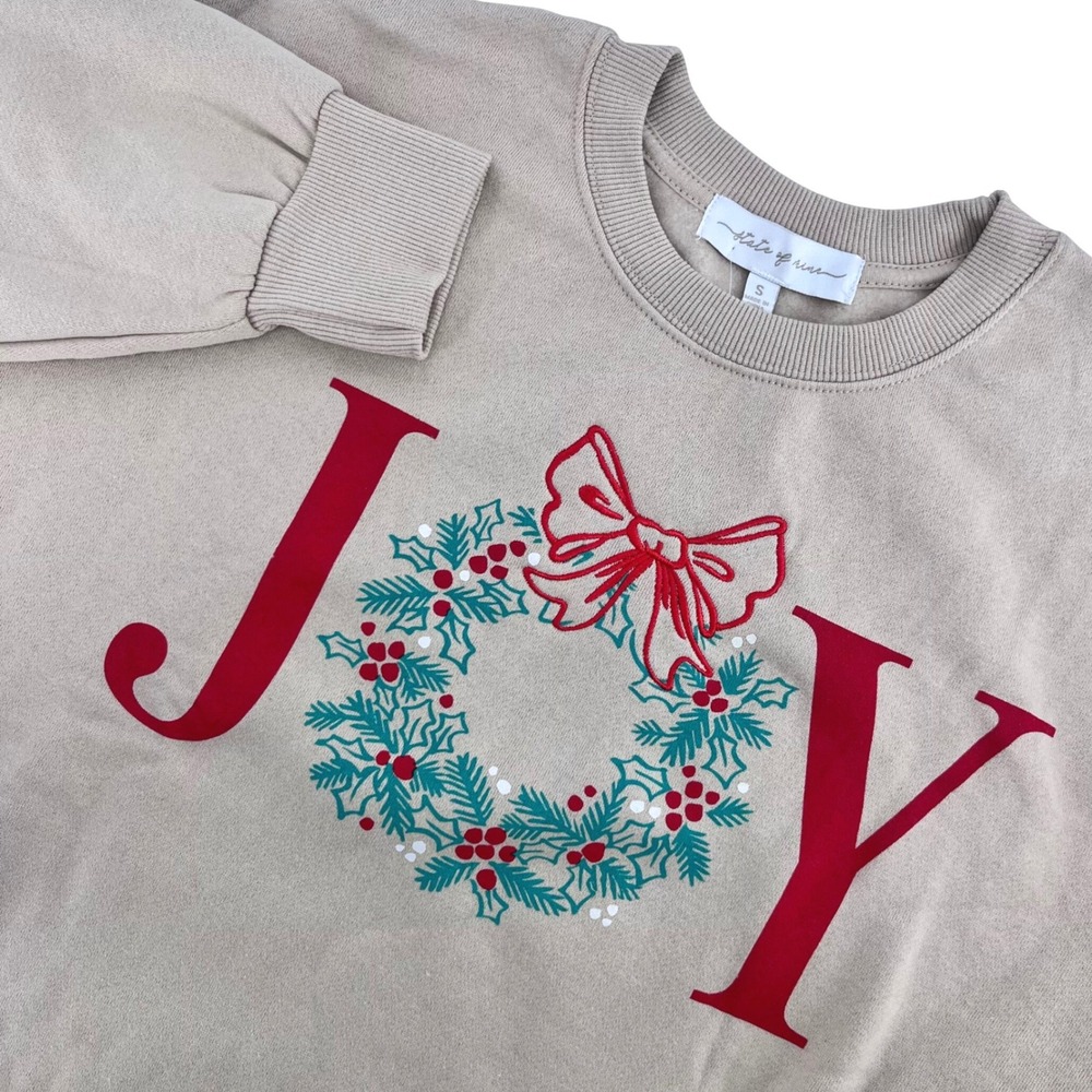 NWT State of Mine Women's Sweatshirt Small Tan JOY Holiday Wreath Graphic‎